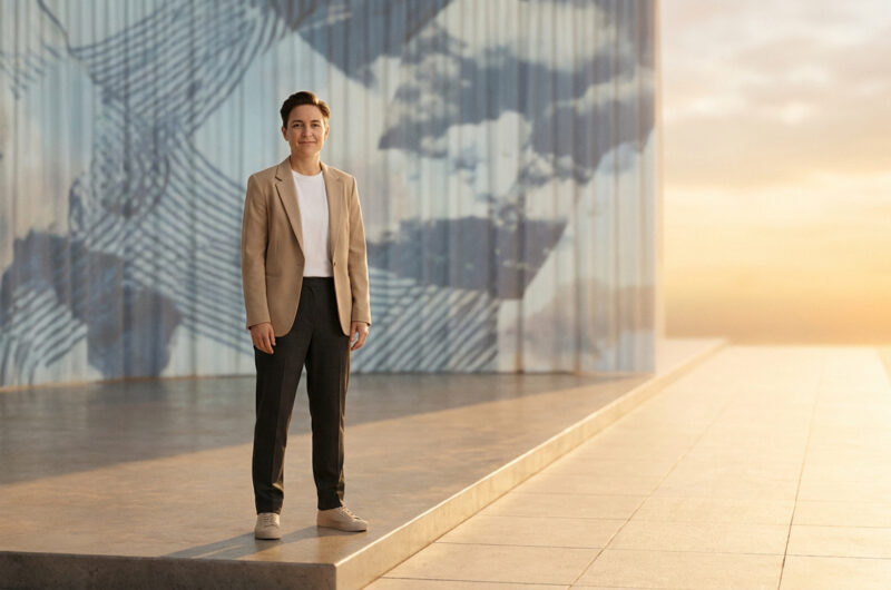 Femme aux cheveux courts, blazer beige et pantalon sombre, souriante et confiante, debout sur une plateforme devant un mur abstrait et un ciel doré.