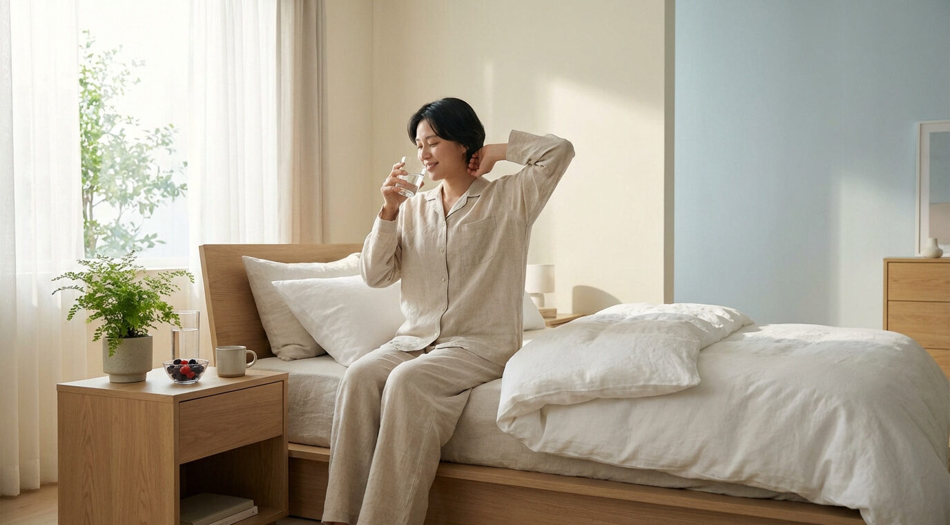Une femme souriante en pyjama boit de l'eau sur son lit, près d'une fenêtre lumineuse et d'une table de chevet avec des fruits.