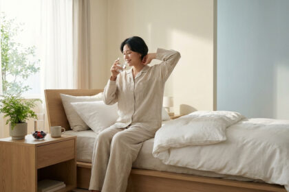 Une femme souriante en pyjama boit de l'eau sur son lit, près d'une fenêtre lumineuse et d'une table de chevet avec des fruits.