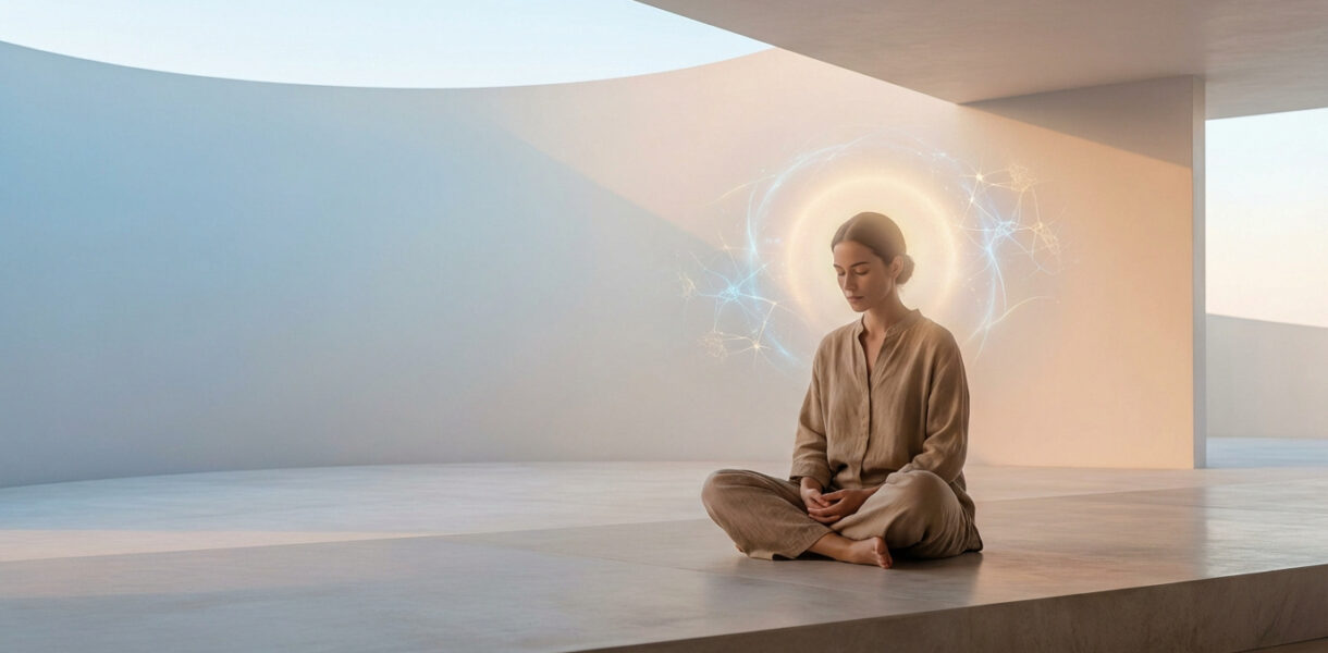 Femme méditant dans un espace minimaliste, une aura lumineuse avec des motifs neuronaux autour de sa tête.