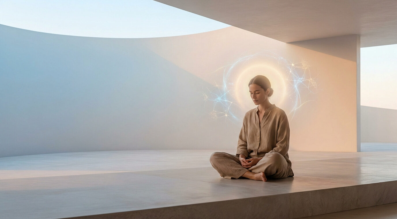 Femme méditant dans un espace minimaliste, une aura lumineuse avec des motifs neuronaux autour de sa tête.