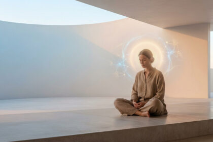 Femme méditant dans un espace minimaliste, une aura lumineuse avec des motifs neuronaux autour de sa tête.