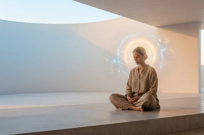 Femme méditant dans un espace minimaliste, une aura lumineuse avec des motifs neuronaux autour de sa tête.