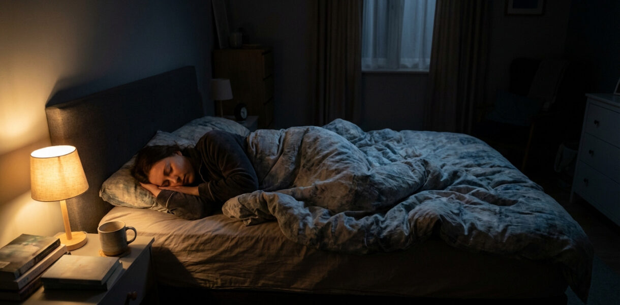 Une femme dort paisiblement sur le côté dans un lit sombre, éclairée par une lampe de chevet chaleureuse. Une tasse est posée sur la table.