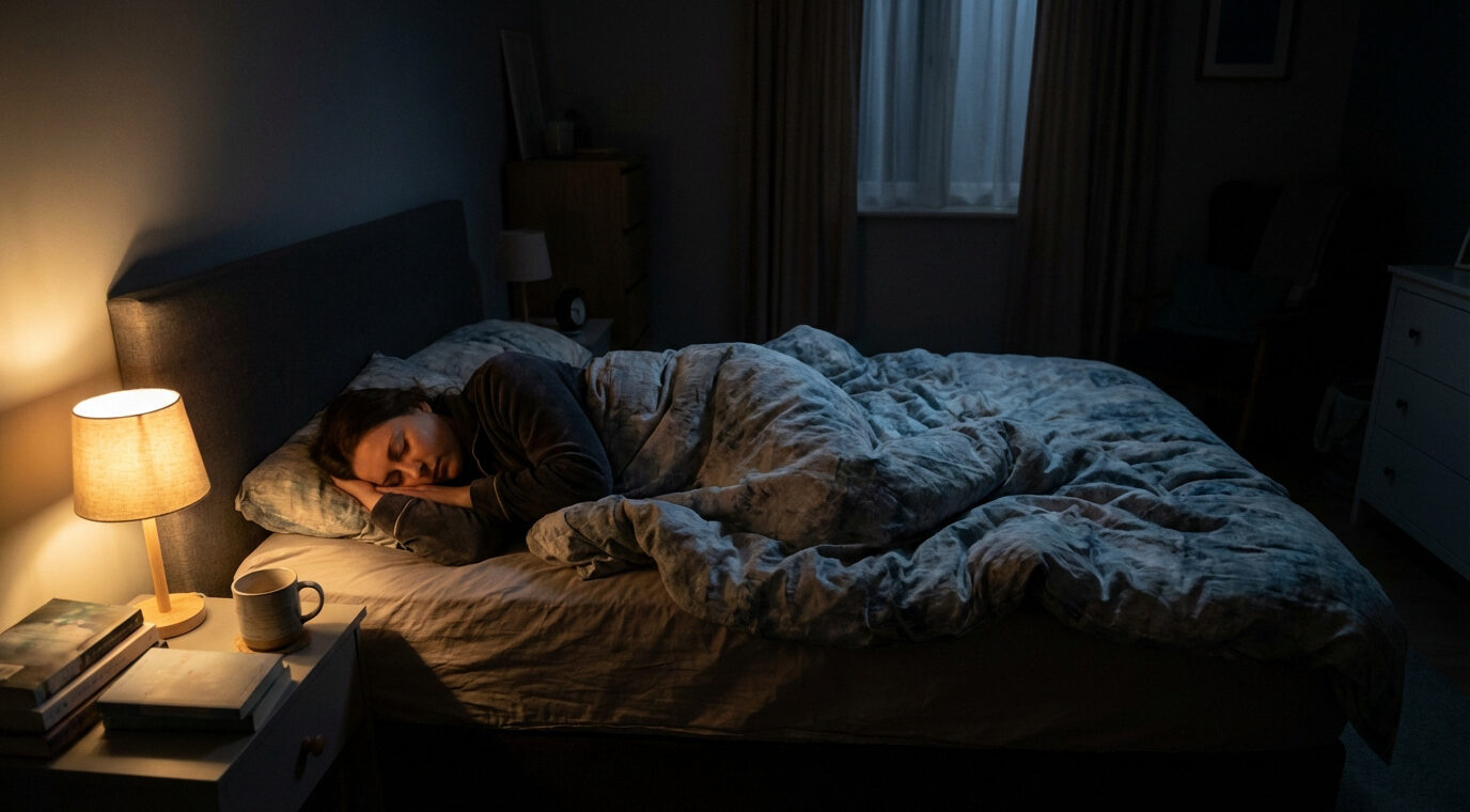 Une femme dort paisiblement sur le côté dans un lit sombre, éclairée par une lampe de chevet chaleureuse. Une tasse est posée sur la table.