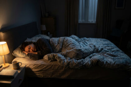 Une femme dort paisiblement sur le côté dans un lit sombre, éclairée par une lampe de chevet chaleureuse. Une tasse est posée sur la table.