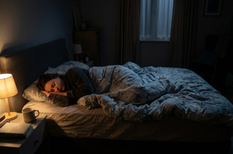 Une femme dort paisiblement sur le côté dans un lit sombre, éclairée par une lampe de chevet chaleureuse. Une tasse est posée sur la table.