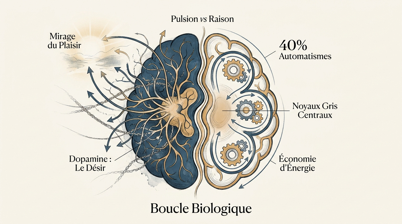 Schéma du cerveau montrant le conflit entre le système limbique des pulsions et le cortex préfrontal de la raison