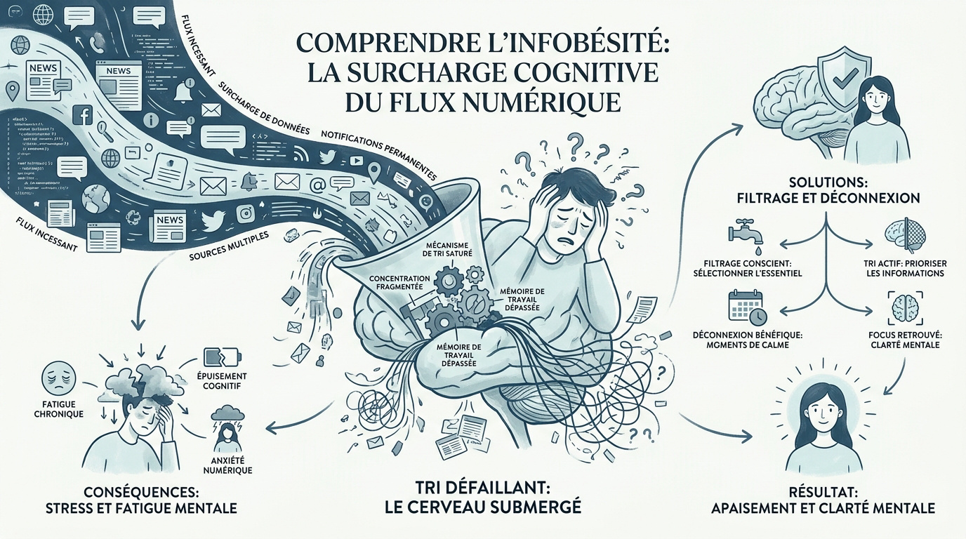 Illustration de la surcharge cognitive et de l'infobésité numérique chez un individu
