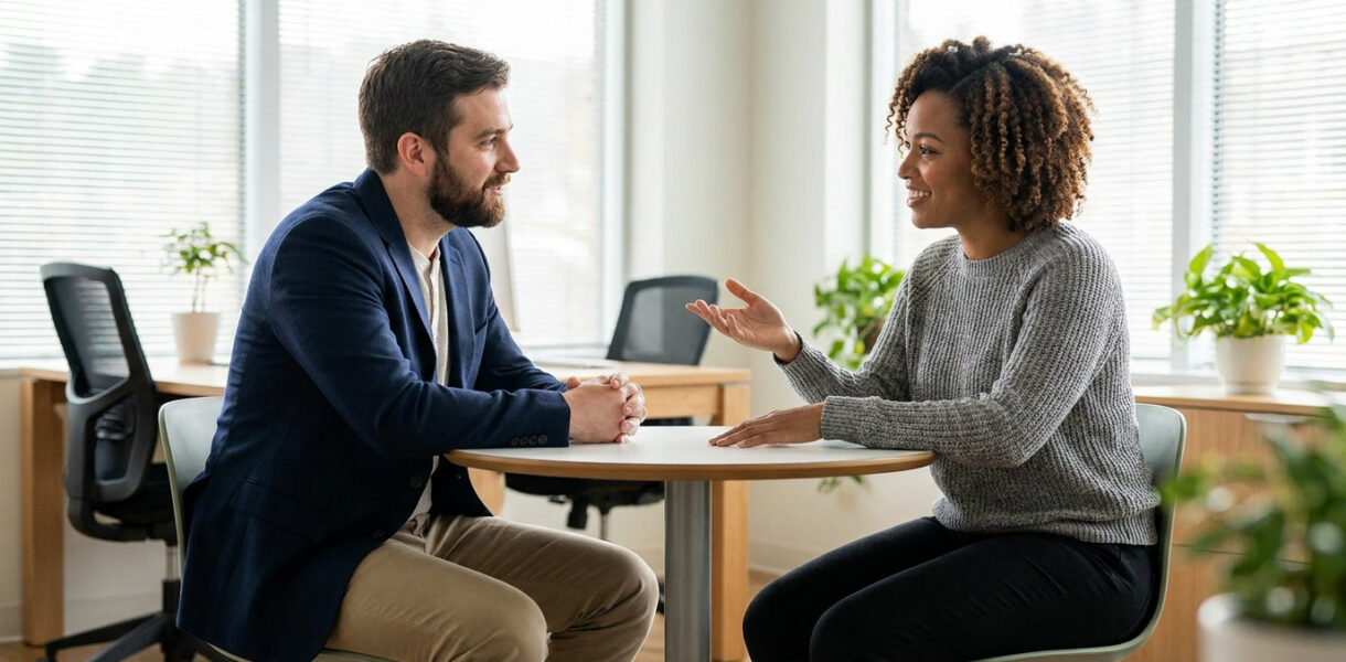 Un homme et une femme discutant sérieusement et avec bienveillance dans un bureau lumineux.