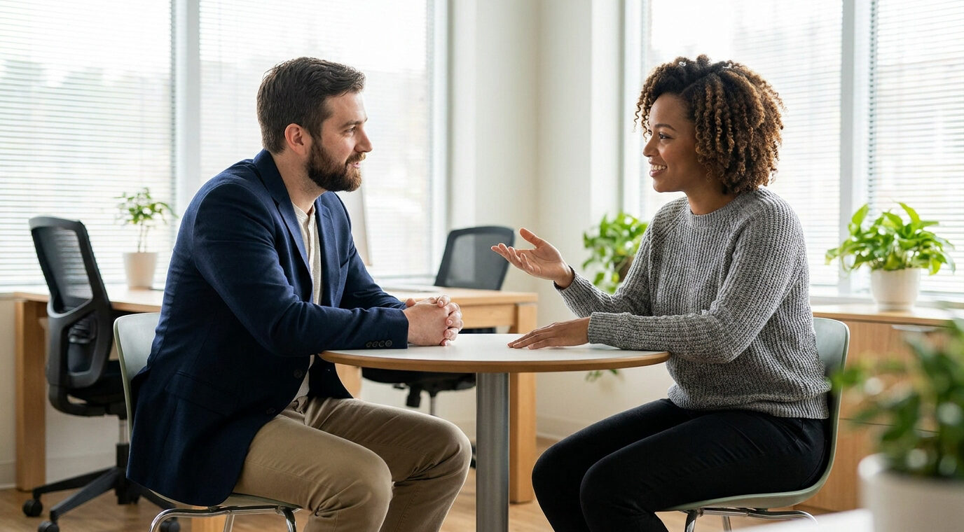 Un homme et une femme discutant sérieusement et avec bienveillance dans un bureau lumineux.