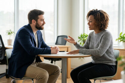 Un homme et une femme discutant sérieusement et avec bienveillance dans un bureau lumineux.