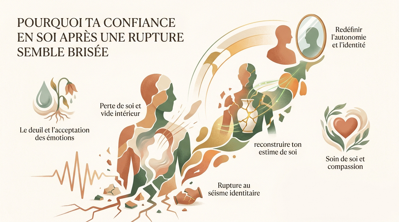 Infographie détaillant les étapes de la reconstruction de soi et de la confiance après une séparation amoureuse
