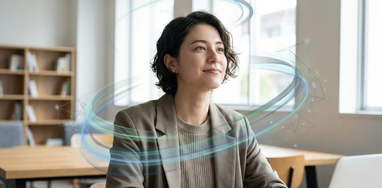 Une femme professionnelle souriante entourée d'un effet visuel numérique circulaire dans un bureau moderne.