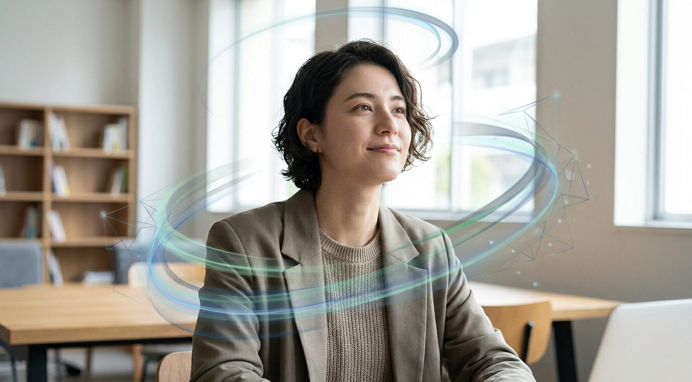 Une femme professionnelle souriante entourée d'un effet visuel numérique circulaire dans un bureau moderne.