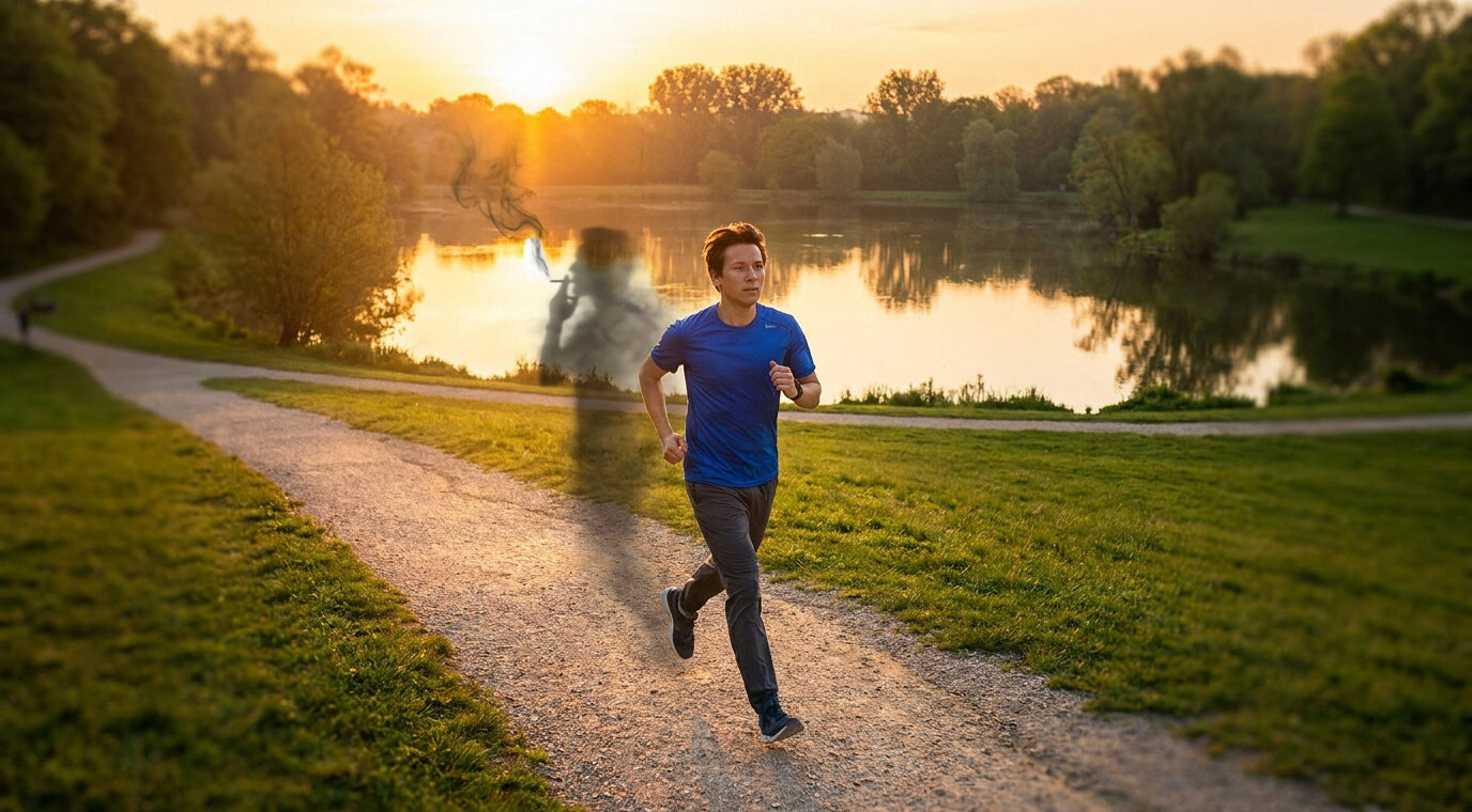 Un homme court dans un parc au coucher du soleil, suivi par l'ombre fantomatique d'un fumeur.