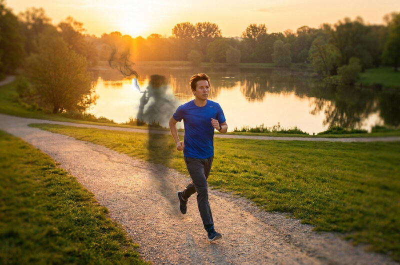 Un homme court dans un parc au coucher du soleil, suivi par l'ombre fantomatique d'un fumeur.