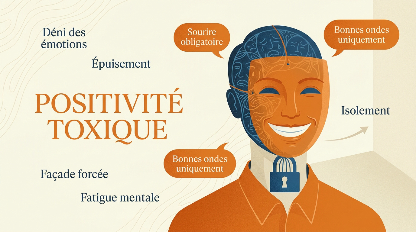 Illustration d'un employé portant un masque souriant pour cacher sa fatigue au bureau