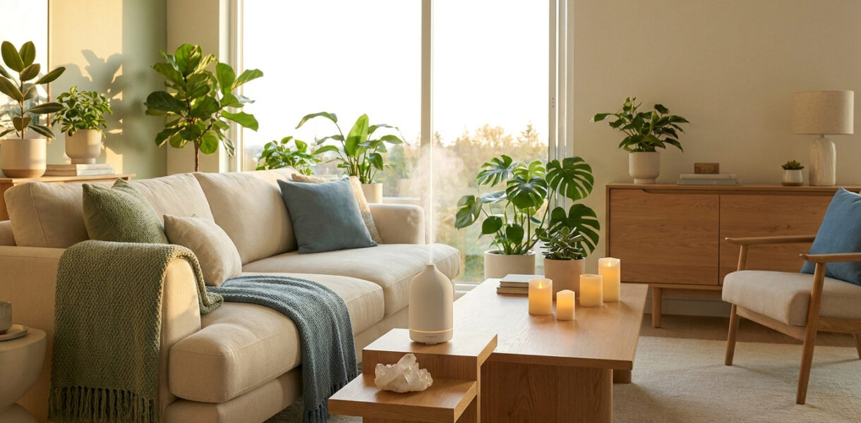 Un salon lumineux et chaleureux avec un diffuseur de parfum, des plantes vertes et une décoration scandinave épurée.