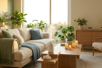 Un salon lumineux et chaleureux avec un diffuseur de parfum, des plantes vertes et une décoration scandinave épurée.