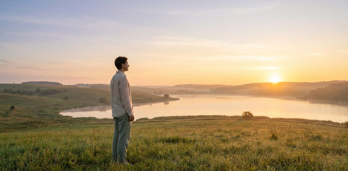 Un homme debout dans une prairie au lever du soleil, observant un lac paisible dans une atmosphère sereine.