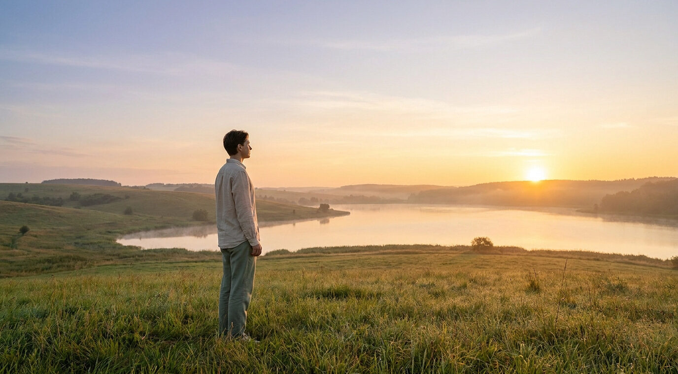 Un homme debout dans une prairie au lever du soleil, observant un lac paisible dans une atmosphère sereine.