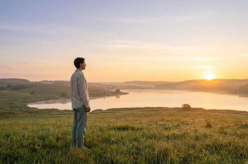 Un homme debout dans une prairie au lever du soleil, observant un lac paisible dans une atmosphère sereine.